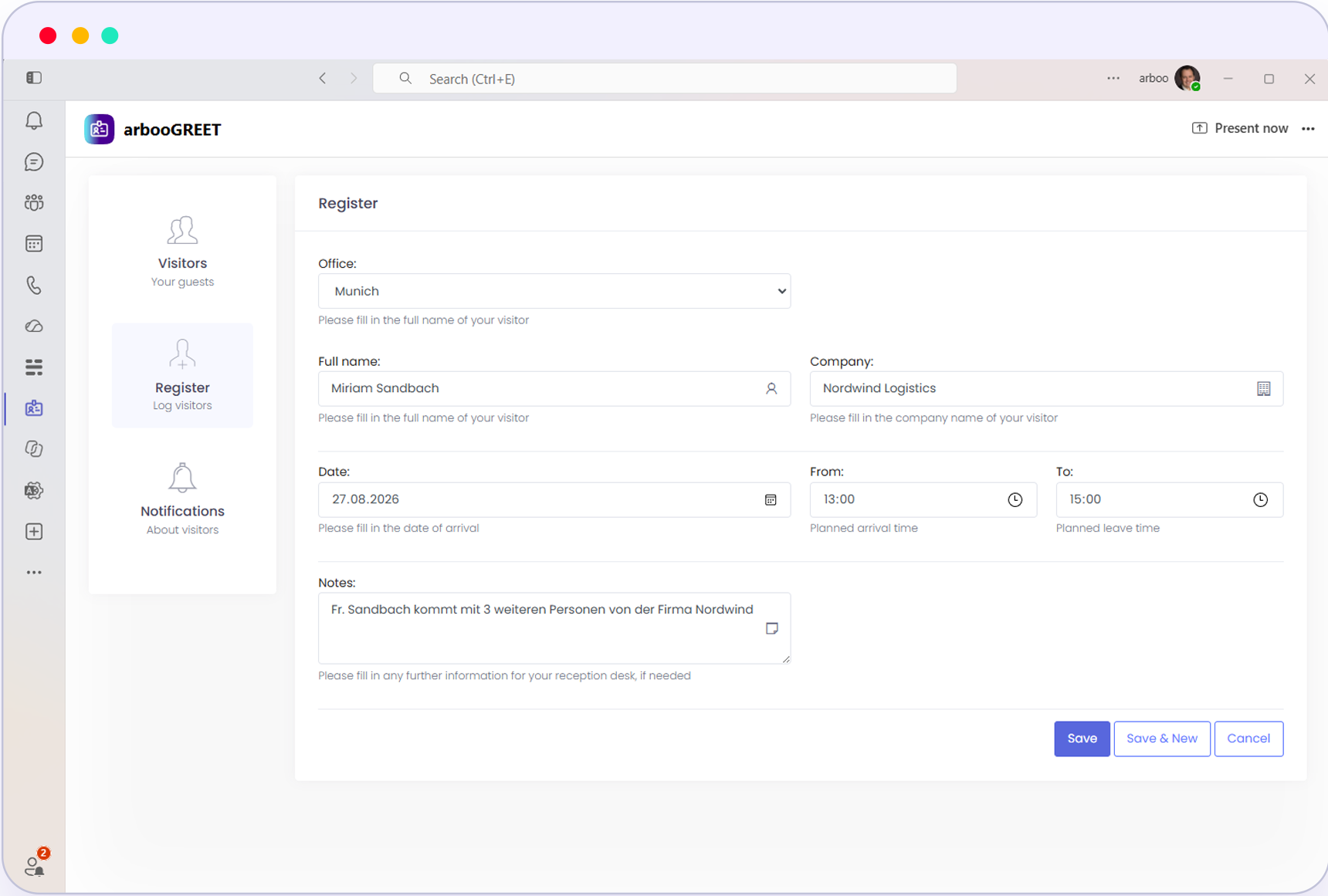 arbooGREET Register Visitor in Teams